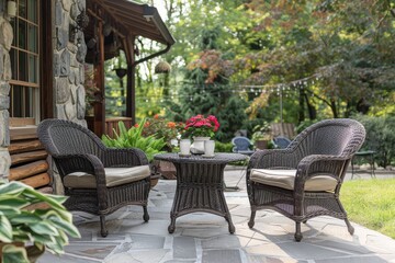 3-piece outdoor wicker patio furniture set featuring grey resin table and chairs with beige cushions for a stylish and comfortable outdoor space.