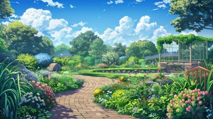 Naklejka premium Beautiful garden with flowers, trees, and a brick path under a blue sky. Nature and landscape illustration concept