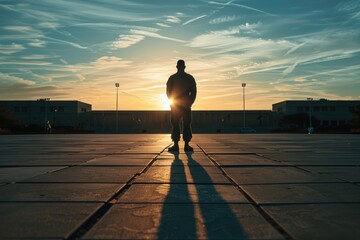 Veteran Standing at Military Base at Sunrise, Preparing for Veterans Day Ceremony - Print, Card, Poster Design
