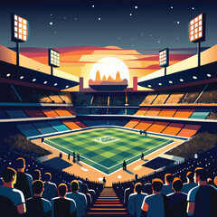 Vector of a Football Stadium at Night, With the Floodlights on and Fans Cheering in the Stands. Vector art Illustraion 