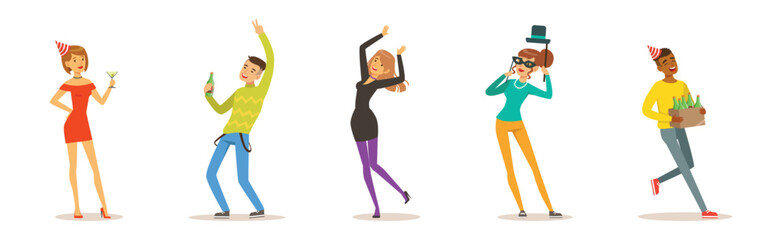 Happy People Character Celebrating Holiday and Festive Event Vector Set