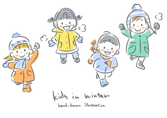 楽しく遊ぶ冬の子供たち　やわらかくてカワイイ手描きイラスト
