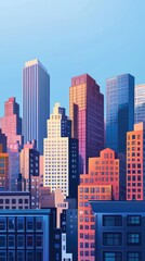 Fototapeta premium A vibrant city skyline featuring modern skyscrapers under a clear blue sky, showcasing architectural diversity and urban beauty.