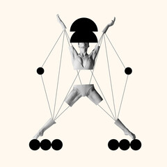 Poster. Contemporary art collage. Powerful dancer stretching with bold shapes intersecting...