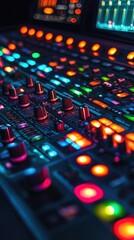 Obraz premium A vibrant close-up of a sound mixing console with colorful lights and buttons, capturing the essence of audio production.