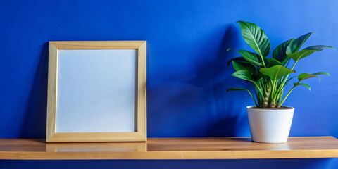 Minimalist home decor with white frame mockup on a Blue background, potted plant