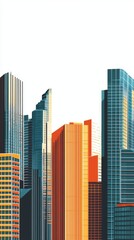 Fototapeta premium A vibrant illustration of modern skyscrapers showcasing architectural design in dynamic colors and shapes against a clear sky.