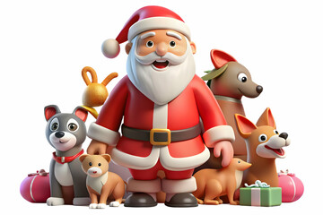 3D Santa Surrounded by Playful Pets in a Bright Glossy Environment - Perfect for Holiday Greetings Icon on White Background