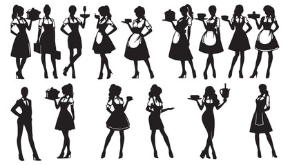 Set waitress silhouette vector illustration vector illustration black and white art