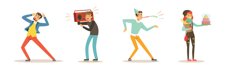 Happy People Character Celebrating Holiday and Festive Event Vector Set