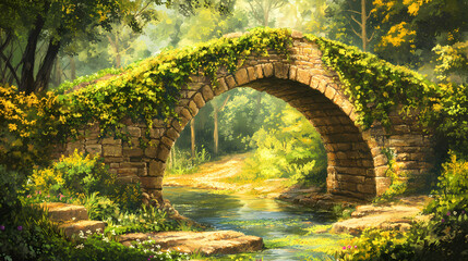 Fototapeta premium An enchanting vine-covered bridge enveloped in lush greenery, radiating tranquility and natural beauty in a serene landscape. Vine-Covered Ruins. Illustration