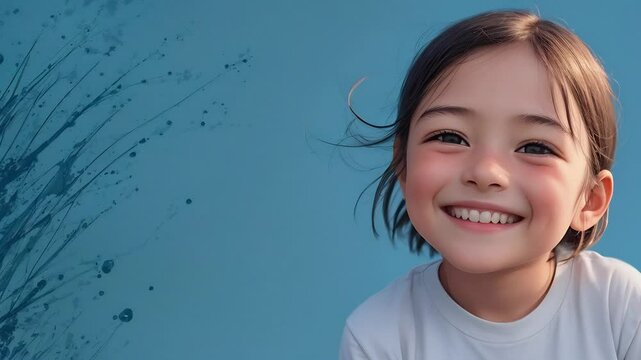 Happy Young Girl Smiling Against a Blue Background Outdoors Generative AI