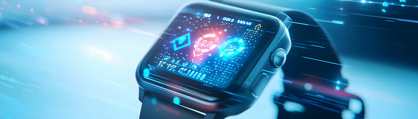 Fototapeta premium Smartwatch on White Surface with Holographic Growth Arrows and Community Symbols: Conceptual Photo Stock Image for Innovation and Unity