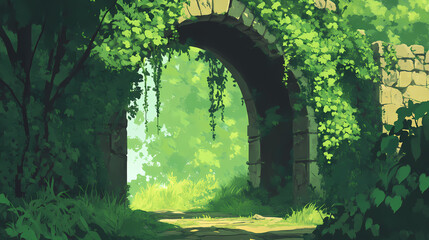 An enchanting vine-covered bridge enveloped in lush greenery, radiating tranquility and natural beauty in a serene landscape. Vine-Covered Ruins. Illustration