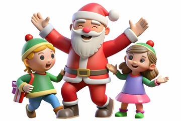 3D Santa Dancing with Children at Holiday Party: Capture Fun Moments & Lively Atmosphere with Excitement - Isolated Icon on White Background