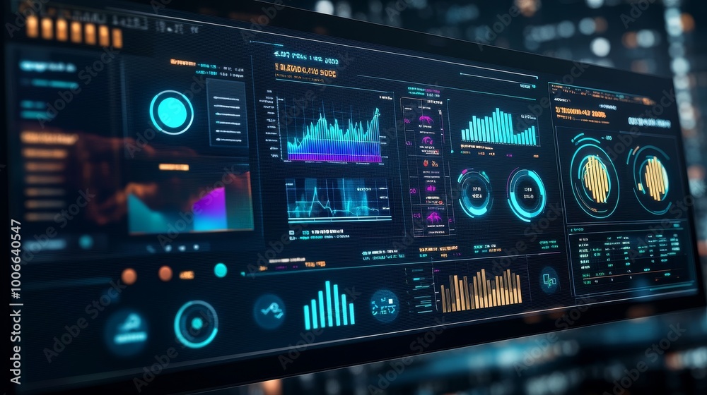 Poster This image showcases a modern digital dashboard filled with various graphs and charts, emphasizing data analysis and technology.