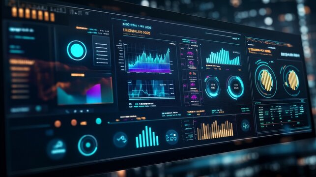 This image showcases a modern digital dashboard filled with various graphs and charts, emphasizing data analysis and technology.