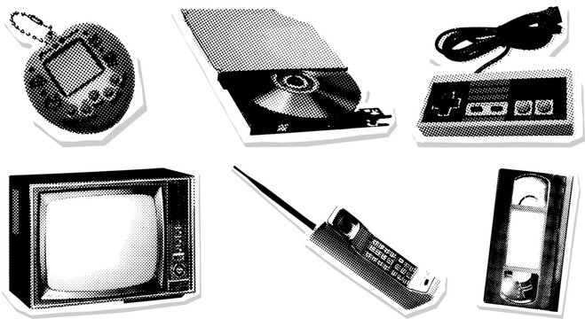 Retro halftone vector set featuring vintage electronics from the 90s including tamagotchi, cd player, nes controller, vhs, tv, and retro mobile phone for nostalgic and retro design themes