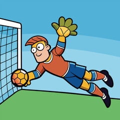 Vector of a Goalkeeper Diving to Catch a Football, With the Goalpost and Net in the Background. Vector art Illustraion 
