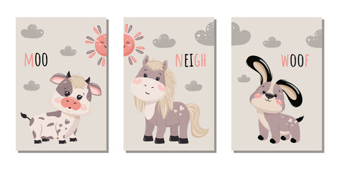 Obraz premium A set of illustrations for paintings for the children's room, postcards, covers, banners and more with images of funny animals. Vector design