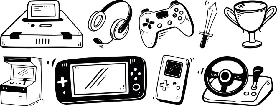 Vector set of gaming icons featuring retro and modern consoles, game controllers, arcade machines, handheld devices, and gaming trophies for video game design and illustrations