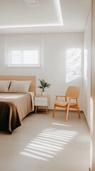Fototapeta premium A cozy bedroom showcases a blend of modern and rustic design with an old concrete wall, wooden bed, and a stylish chair, all in muted colors that invite relaxation.