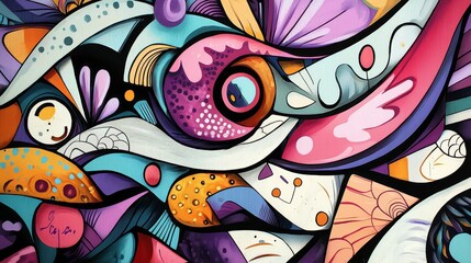 This abstract artwork displays swirling shapes in a vivid palette, capturing a sense of creativity and artistic freedom.