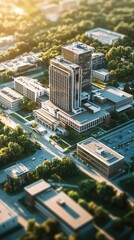 Aerial view of a modern corporate building surrounded by greenery and parking spaces, highlighting urban development and architecture.