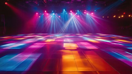 A retro-style disco dance floor comes alive with a kaleidoscope of colorful lights, casting radiant...