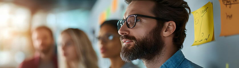 Obraz premium Dynamic Team Brainstorming Session: Colleagues Energetically Collaborating on a Whiteboard, Fostering Community and Creative Ideas