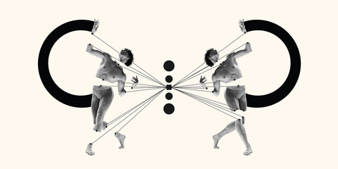 Poster. Contemporary art collage. Symmetrical male dancers mirrored, their bodies intersected by abstract black circles and lines, creating balance and unity. Concept of dance, music. Minimal design