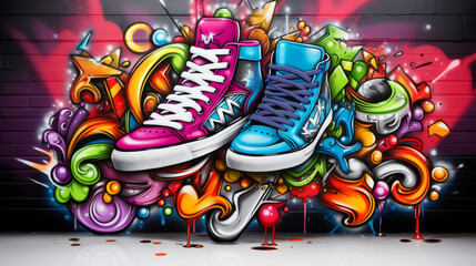 Multicolored graffiti style sneakers on the background of the wall