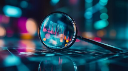 A detailed view shows a magnifying glass over a digital screen with data patterns and colorful abstract backgrounds.