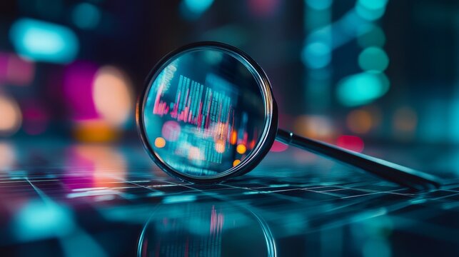 A detailed view shows a magnifying glass over a digital screen with data patterns and colorful abstract backgrounds.