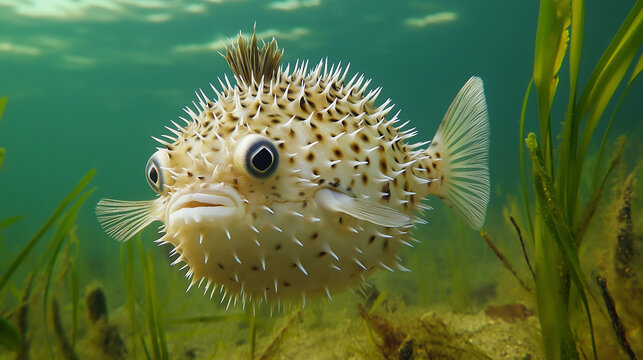 A puffer fish, blowfish or burrfish in a sea background. spiny balloonfish. 