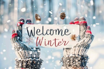 Winter greeting card on flat lay background with pine cones and seasonal decor