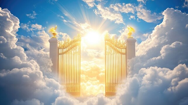 A serene vision of the pearly gates of heaven, glowing with golden light, framed by clouds and a bright blue sky, representing the Christian concept of eternal life.