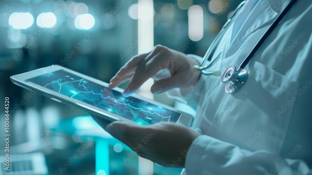 Poster a doctor is using a tablet to look at a graph