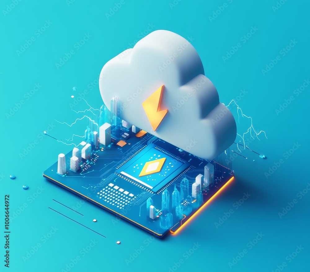 Poster representation of cloud computing technology with a symbolic cloud connected to tech elements agains