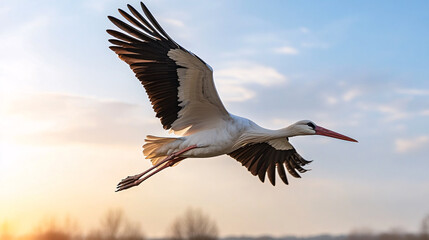 Obraz premium majestic bird soaring gracefully through sky, showcasing its long wings and vibrant plumage against beautiful sunset backdrop