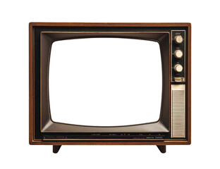 Vintage wooden TV box with empty screen isolated on transparent PNG or white background. Retro antique portable television concept.