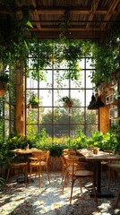 Fototapeta premium Bright and airy cafe interior with lush greenery and wooden decor, creating a tranquil dining experience.