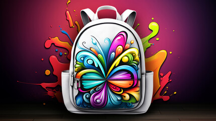 Multicolored graffiti style backpack on a colorful background