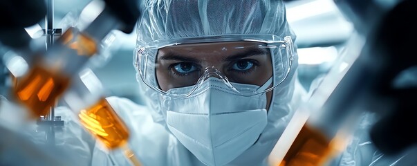 Scientists developing vaccines in a highly advanced biolab, combating global diseases