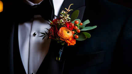 A close-up, of a groom's boutonniere made of fresh flowers and greenery, pinned to the lapel of a black tuxedo jacket.