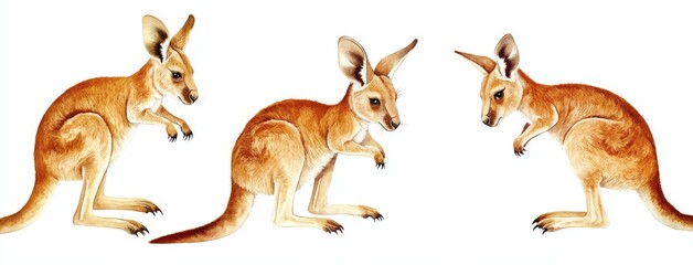 Fototapeta premium Illustration of a bush kangaroo set - wallaby, quokka, red, gray, and tree kangaroos isolated against a white background