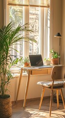 Bright and cozy workspace with a laptop, green plants, and natural light for a productive ambiance.