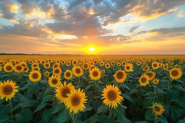 Enchanting Sunflower Field at Sunset with Golden Hues, Long Shadows, and Warm Glow Against Dark Blue Clouds, Ultra-Realistic Photography