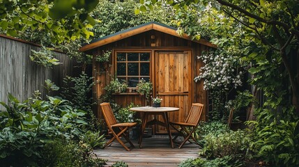 Naklejka premium Cozy wooden shed surrounded by lush garden foliage