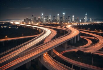 Fototapeta premium Long exposure of a busy highway at night with blurred car lights creating a swirling pattern